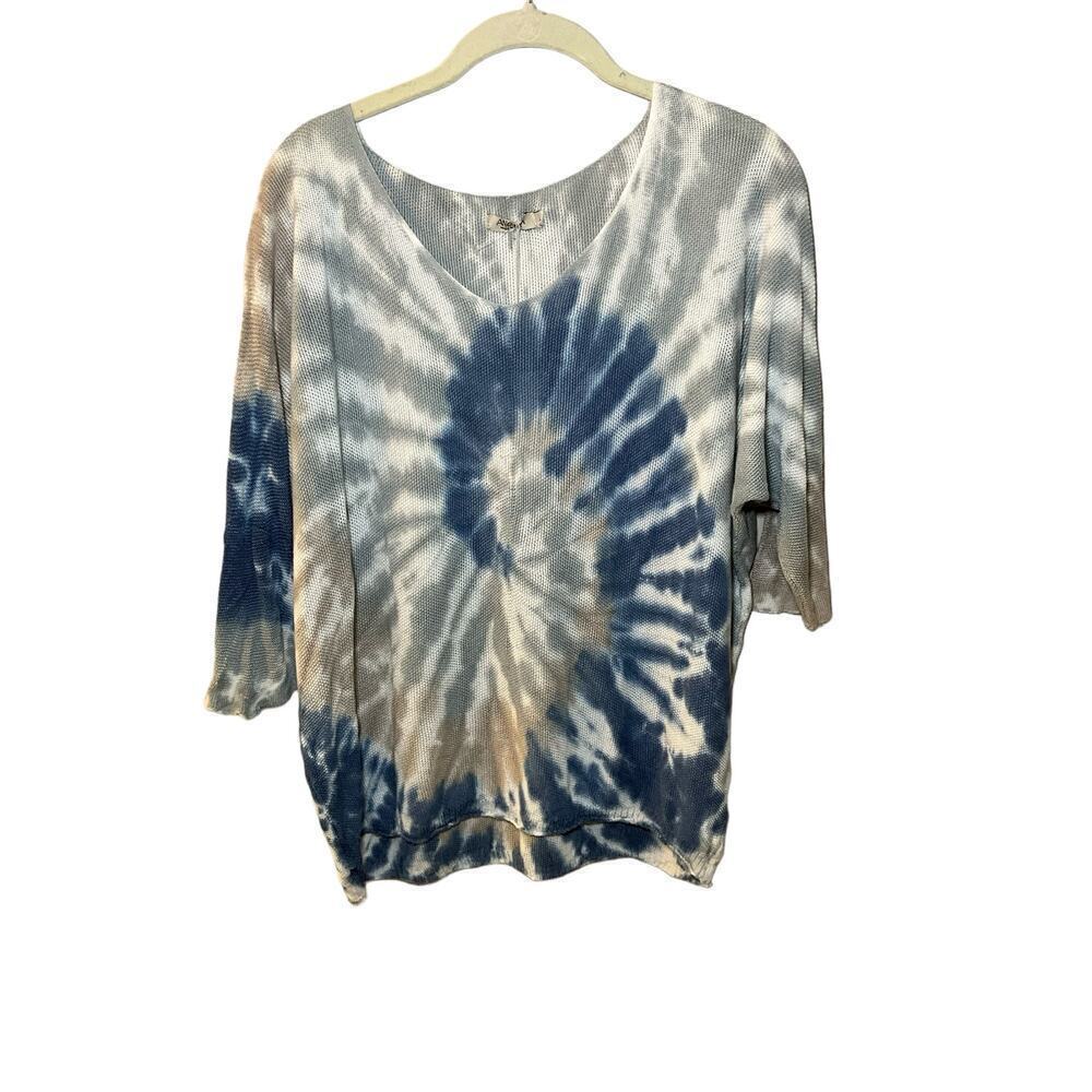 Angela‎ Blouse Top Women's SZ L Multicolor Tie Dye 1/4 Sleeve Crew Neck Knitted